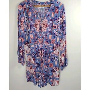 Old Navy Women's Medium Romper Long Sleeve Floral Print Blue Drawstring Waist